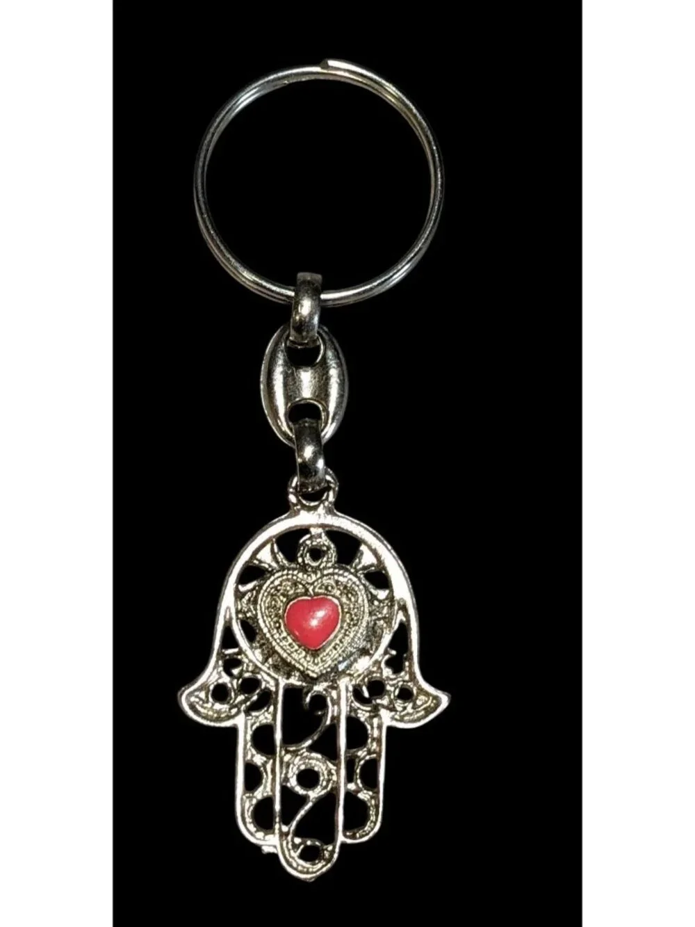 Boho Hamsa Hand Red Heart Keychain Silver Tone Filigree Good Luck Charm